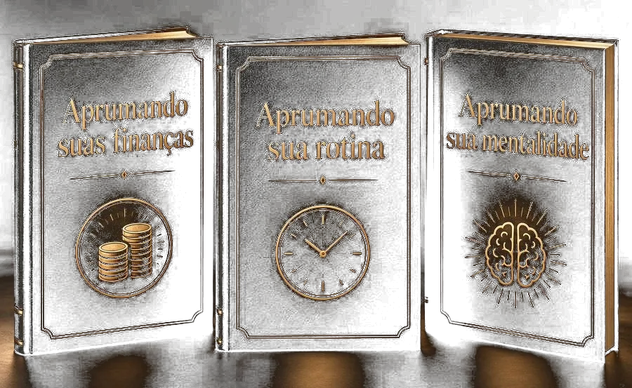 Três áreas do app PRUMO representadas como livros: Aprumando suas finanças, Aprumando sua rotina e Aprumando sua mentalidade