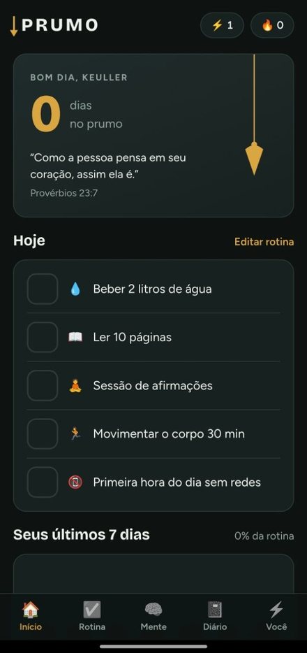 Tela inicial do PRUMO com os hábitos do dia e os dias no prumo